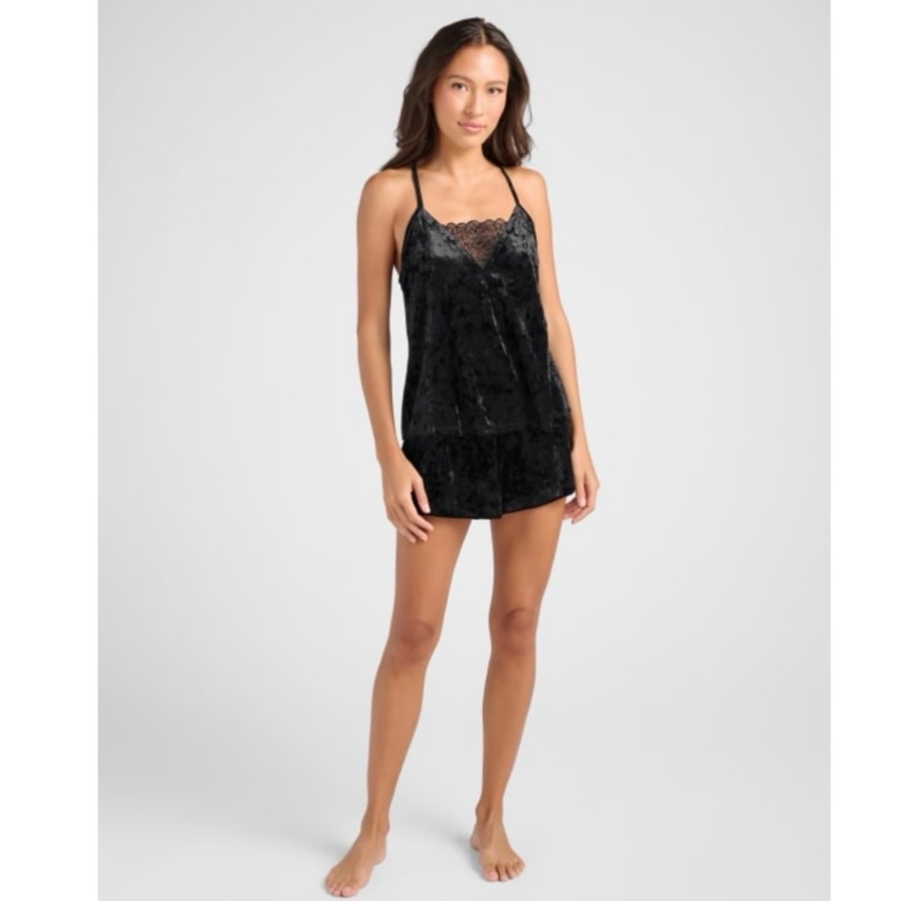 Flora Rebecca Crushed Velour Black Lace Strappy Cami Shorts Pajama PJ Set Medium